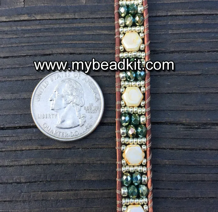 SOLD OUT! Sparkle & Shine! Hex Bead Wrap Bracelet Kit with Seed Beads & Crystals (Cream & Green)