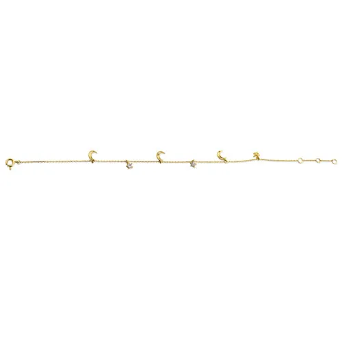 Solid 14K Yellow Gold Crescent Moons & Stars CZ Bracelet