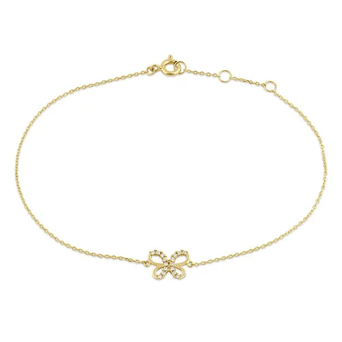 Solid 14K Yellow Gold CZ Butterfly Bracelet
