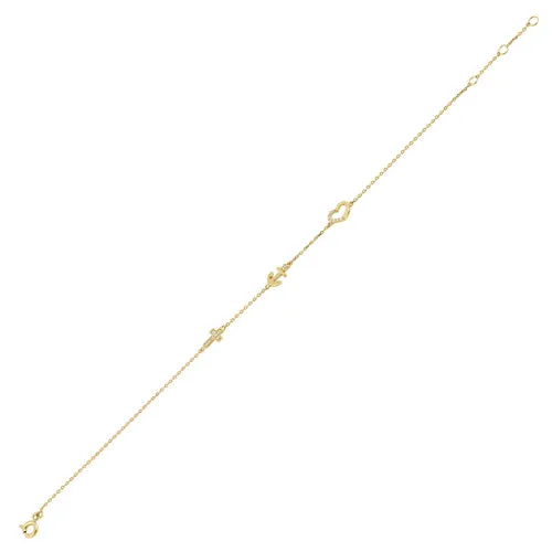 Solid 14K Yellow Gold CZ Heart, Anchor, and Cross Charm Bracelet