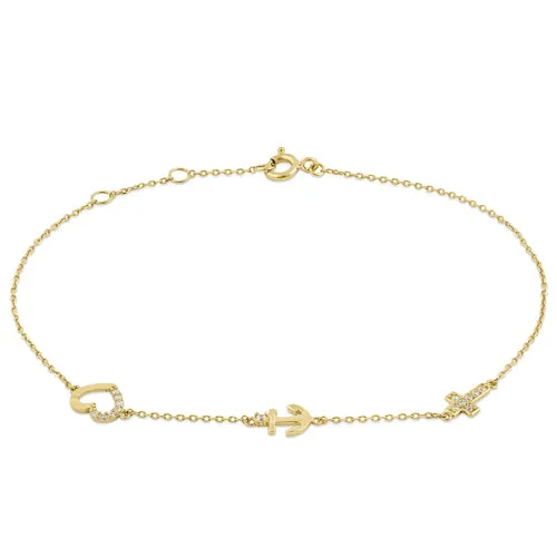 Solid 14K Yellow Gold CZ Heart, Anchor, and Cross Charm Bracelet