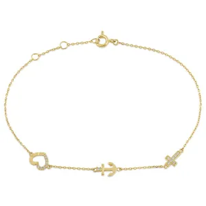 Solid 14K Yellow Gold CZ Heart, Anchor, and Cross Charm Bracelet