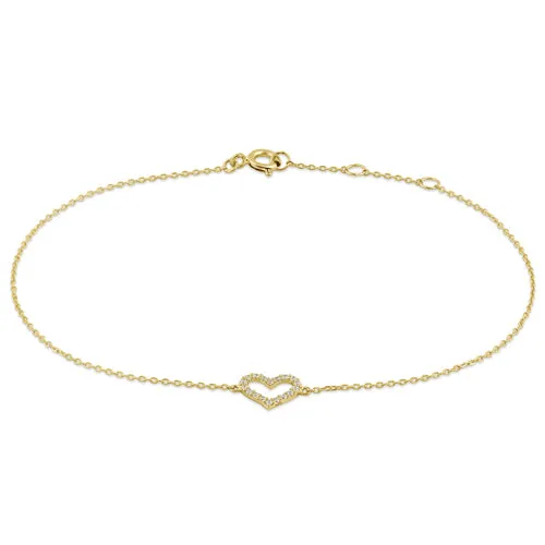 Solid 14K Yellow Gold CZ Heart Bracelet