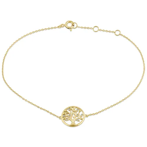 Solid 14K Yellow Gold CZ Tree of Life Bracelet
