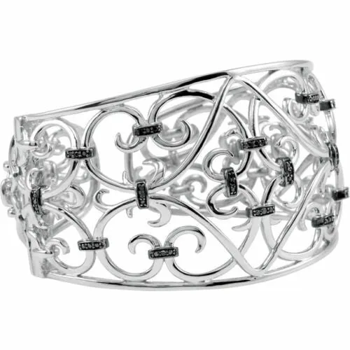 Sterling Silver 1/3 CT Pave Black Diamond Filigree Cuff Bracelet