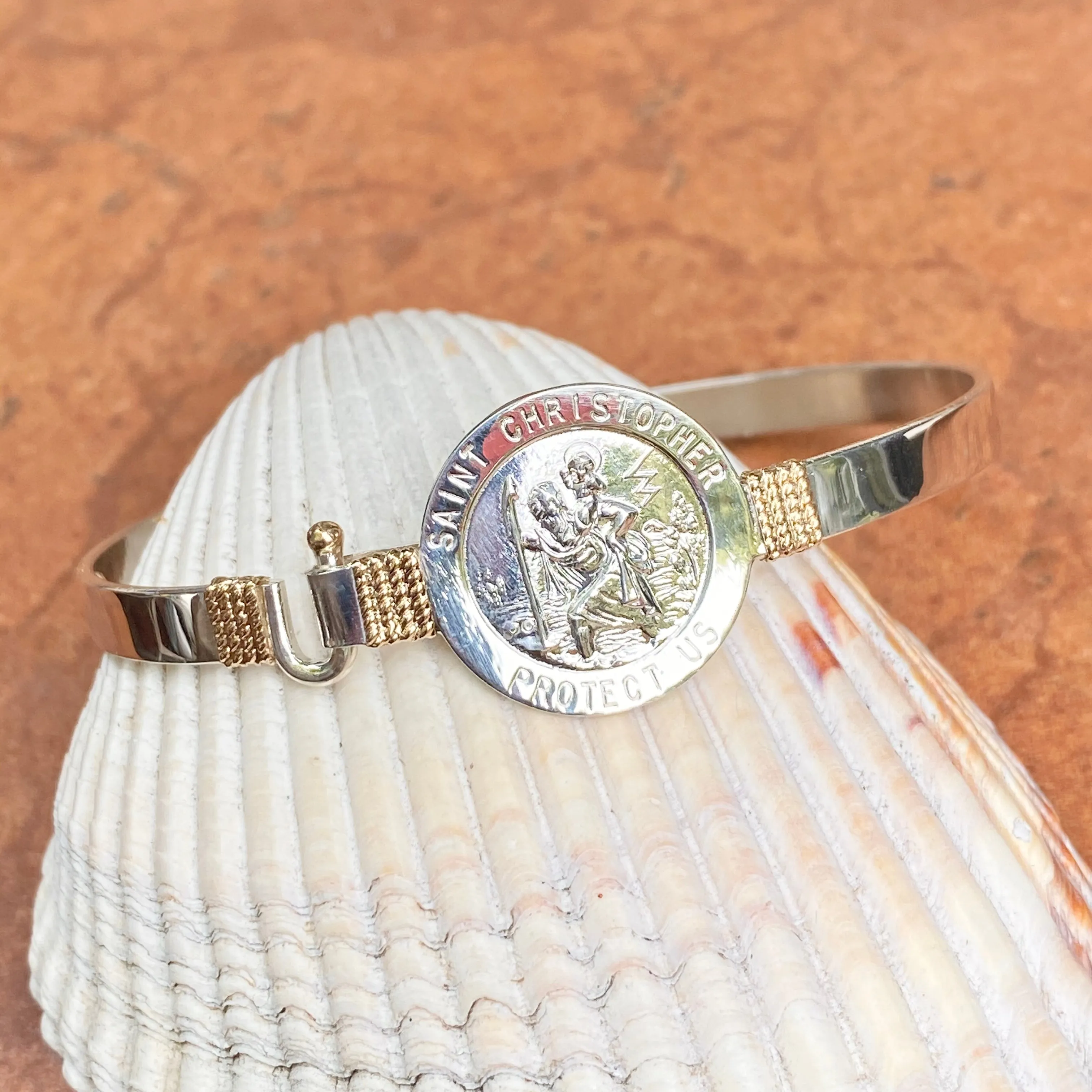 Sterling Silver   14KT Yellow Gold Accent St Christopher Medal Bangle Bracelet