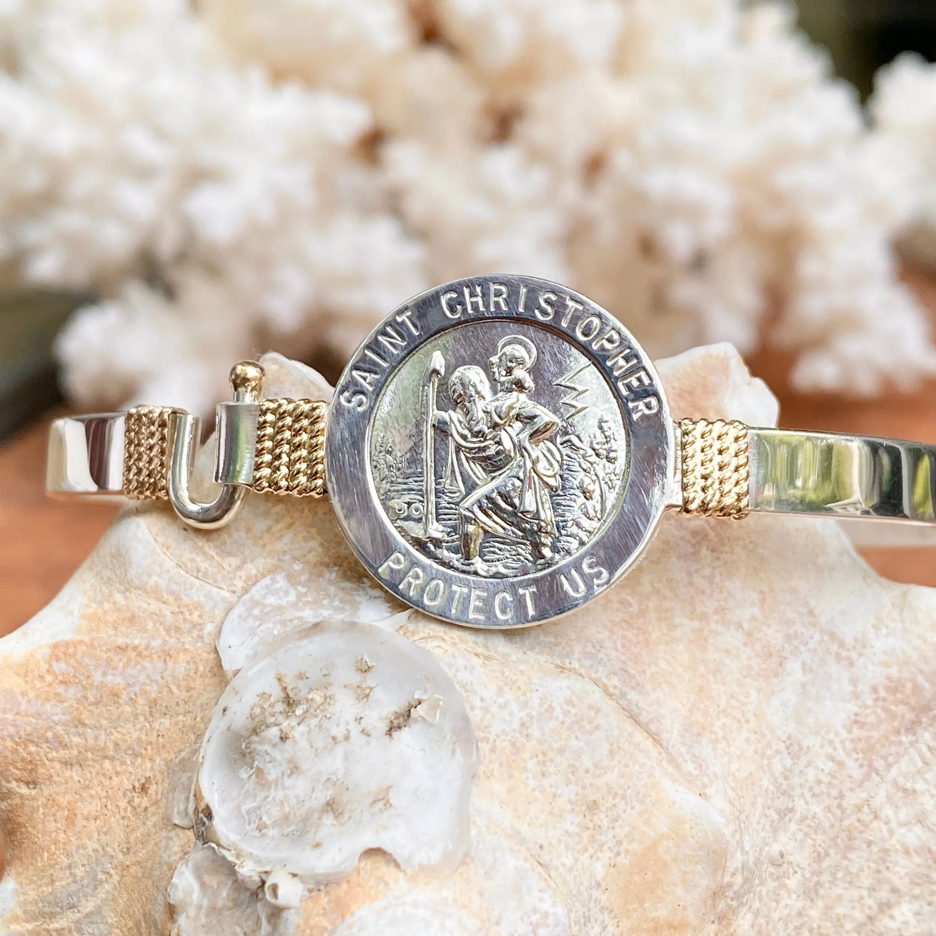 Sterling Silver   14KT Yellow Gold Accent St Christopher Medal Bangle Bracelet