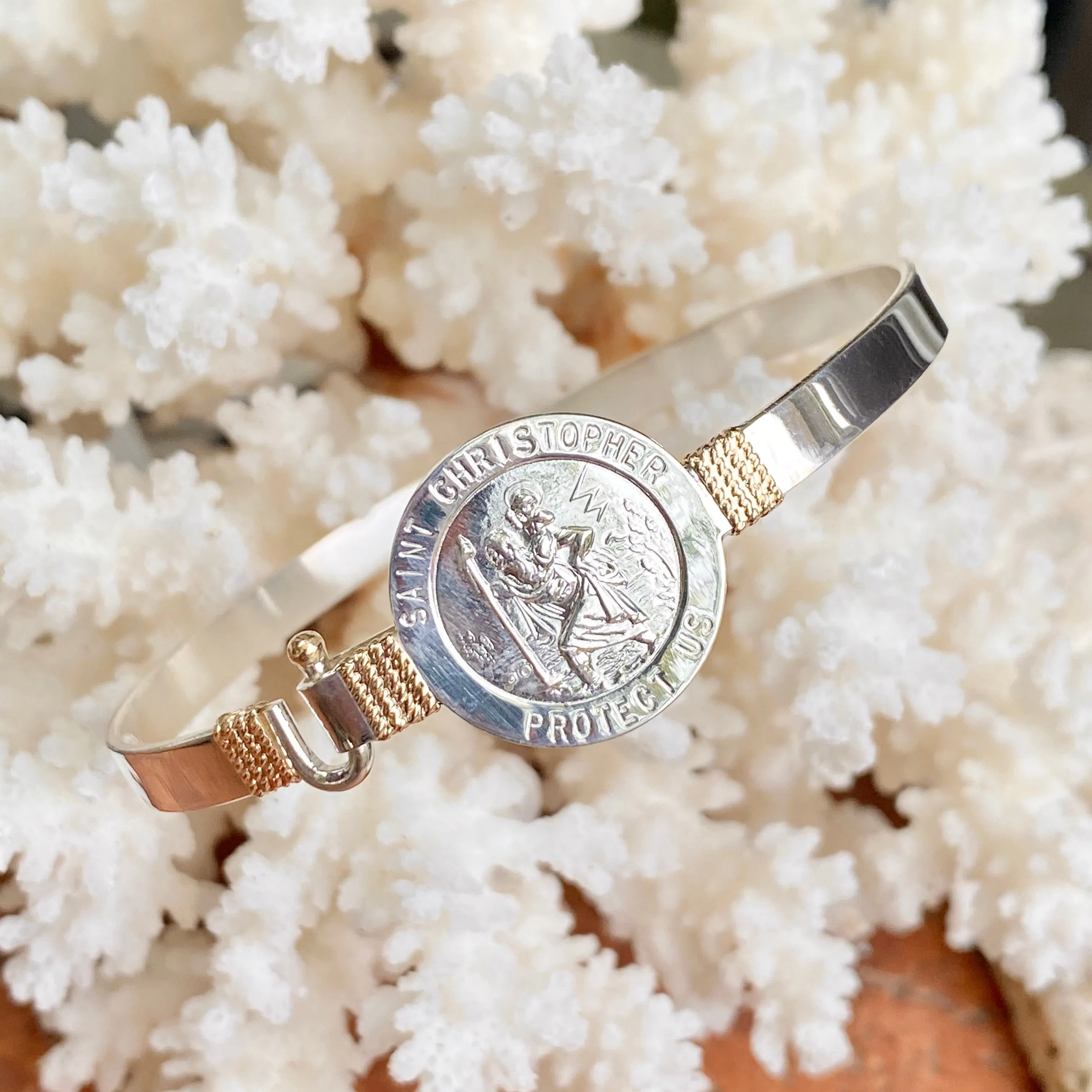 Sterling Silver   14KT Yellow Gold Accent St Christopher Medal Bangle Bracelet