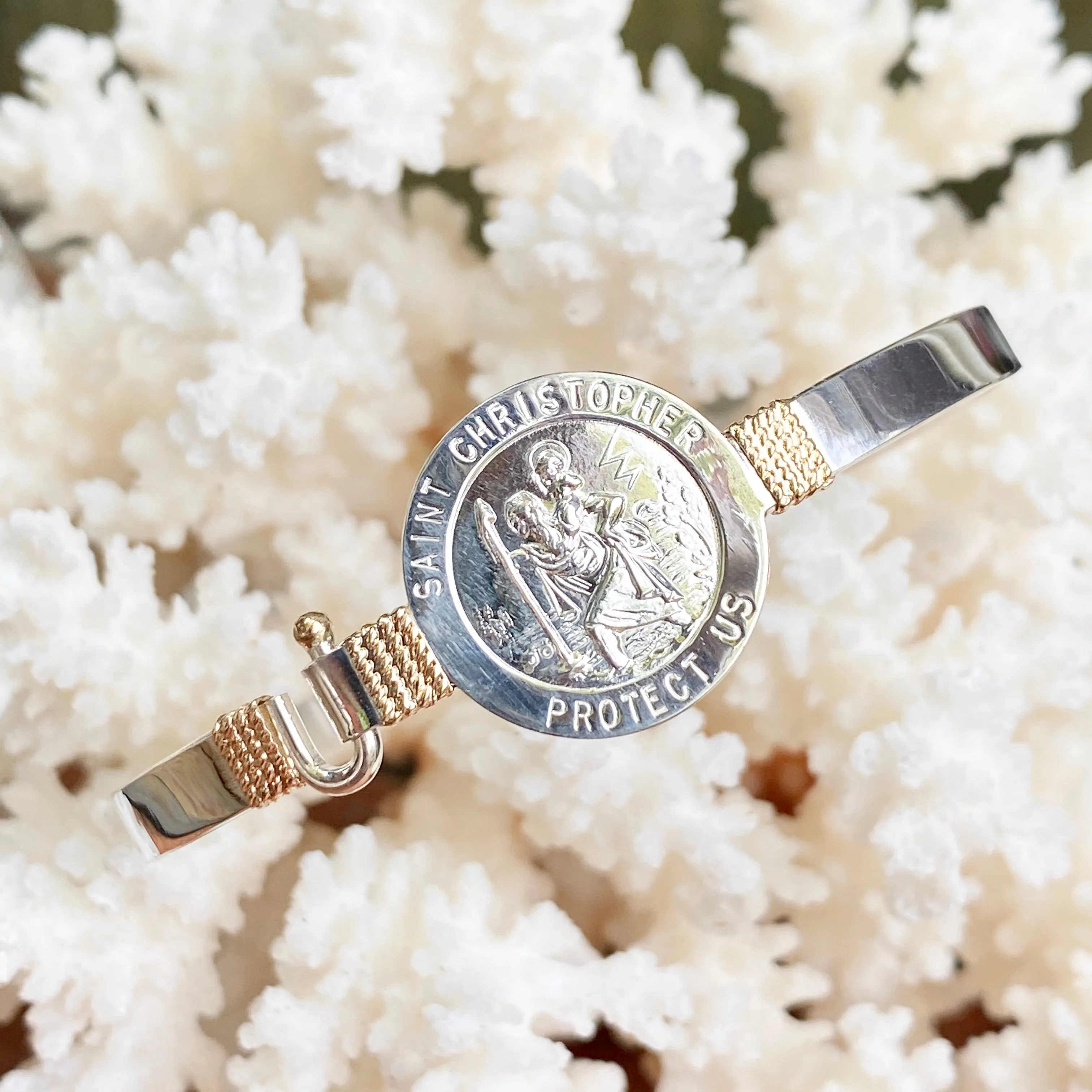 Sterling Silver   14KT Yellow Gold Accent St Christopher Medal Bangle Bracelet