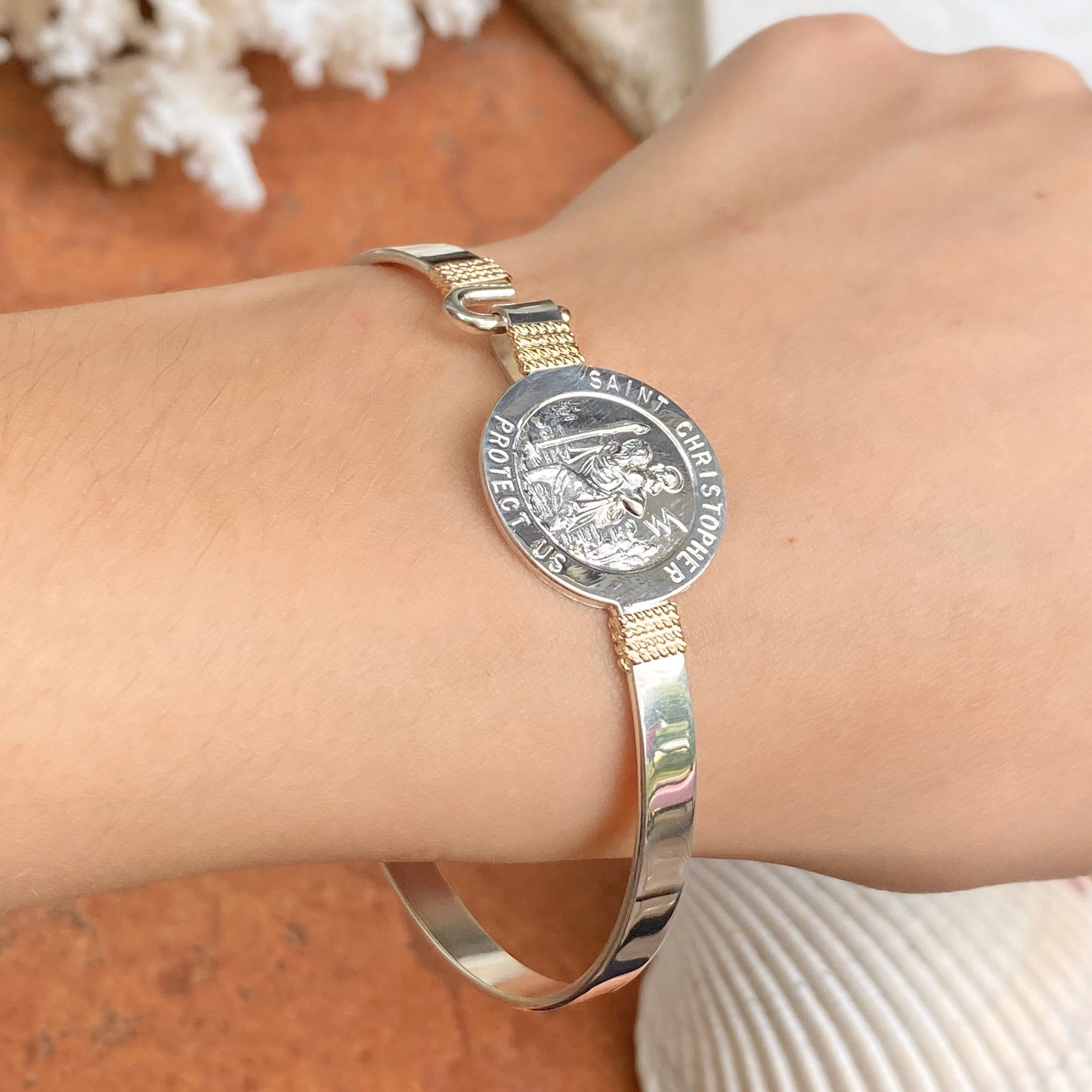 Sterling Silver   14KT Yellow Gold Accent St Christopher Medal Bangle Bracelet
