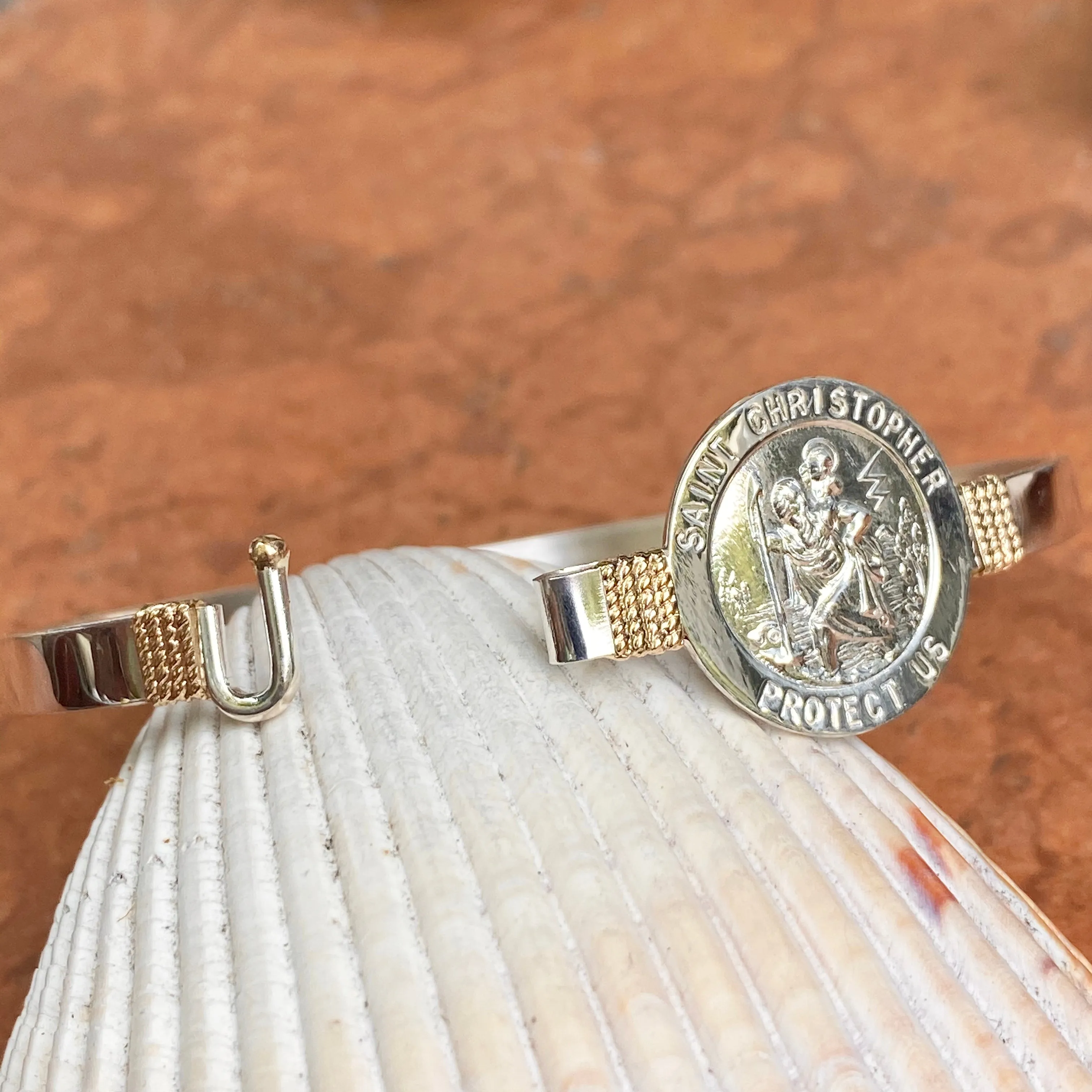 Sterling Silver   14KT Yellow Gold Accent St Christopher Medal Bangle Bracelet