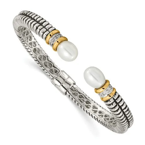 Sterling Silver   14KT Yellow Gold Diamond   Freshwater Pearl Cuff Bracelet