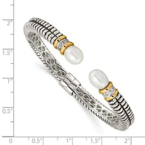 Sterling Silver   14KT Yellow Gold Diamond   Freshwater Pearl Cuff Bracelet