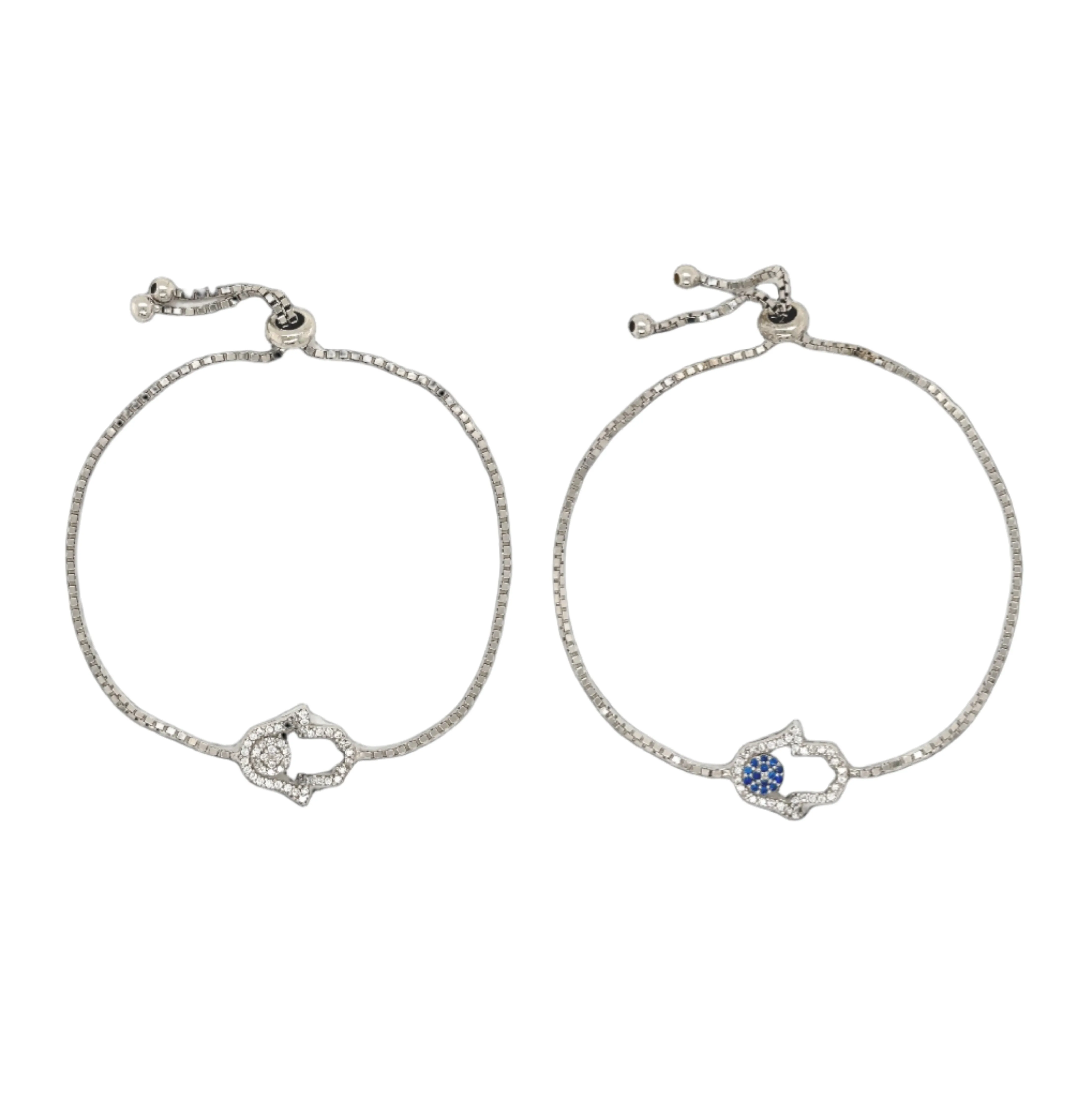 Sterling Silver Adjustable Bracelets with Colored Cubic Zirconia Hamsa Charm - C39919