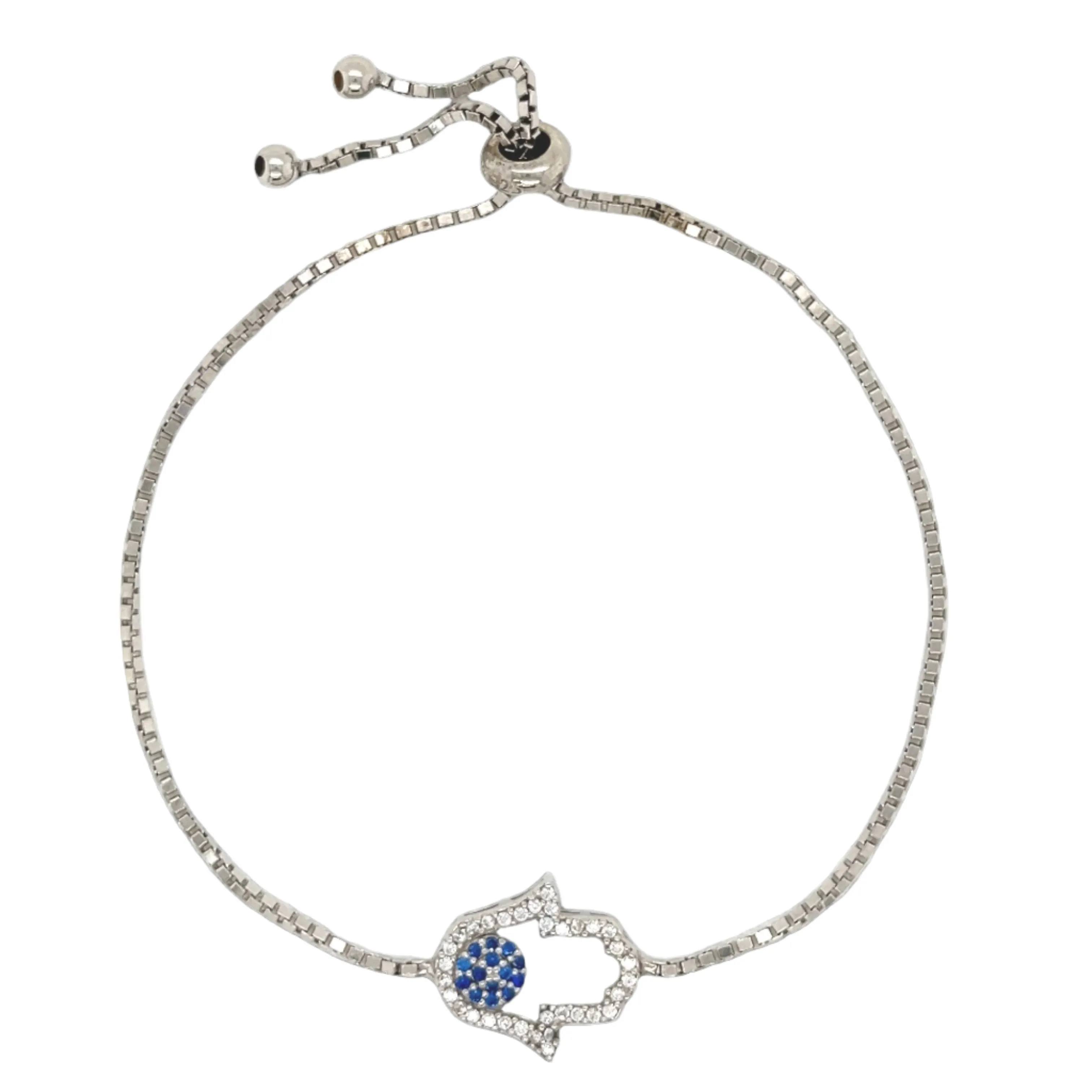 Sterling Silver Adjustable Bracelets with Colored Cubic Zirconia Hamsa Charm - C39919