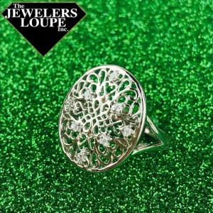 Sterling Silver and Cubic Zirconia Oval Filigree Ring, Size 6 (77040)