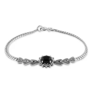 Sterling Silver Arrow Flower Black Onyx Oval Marcasite Bracelet