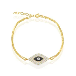 Sterling Silver Double-Strand With  Center CZ and Evil Eye Bracelet - Gold Plated