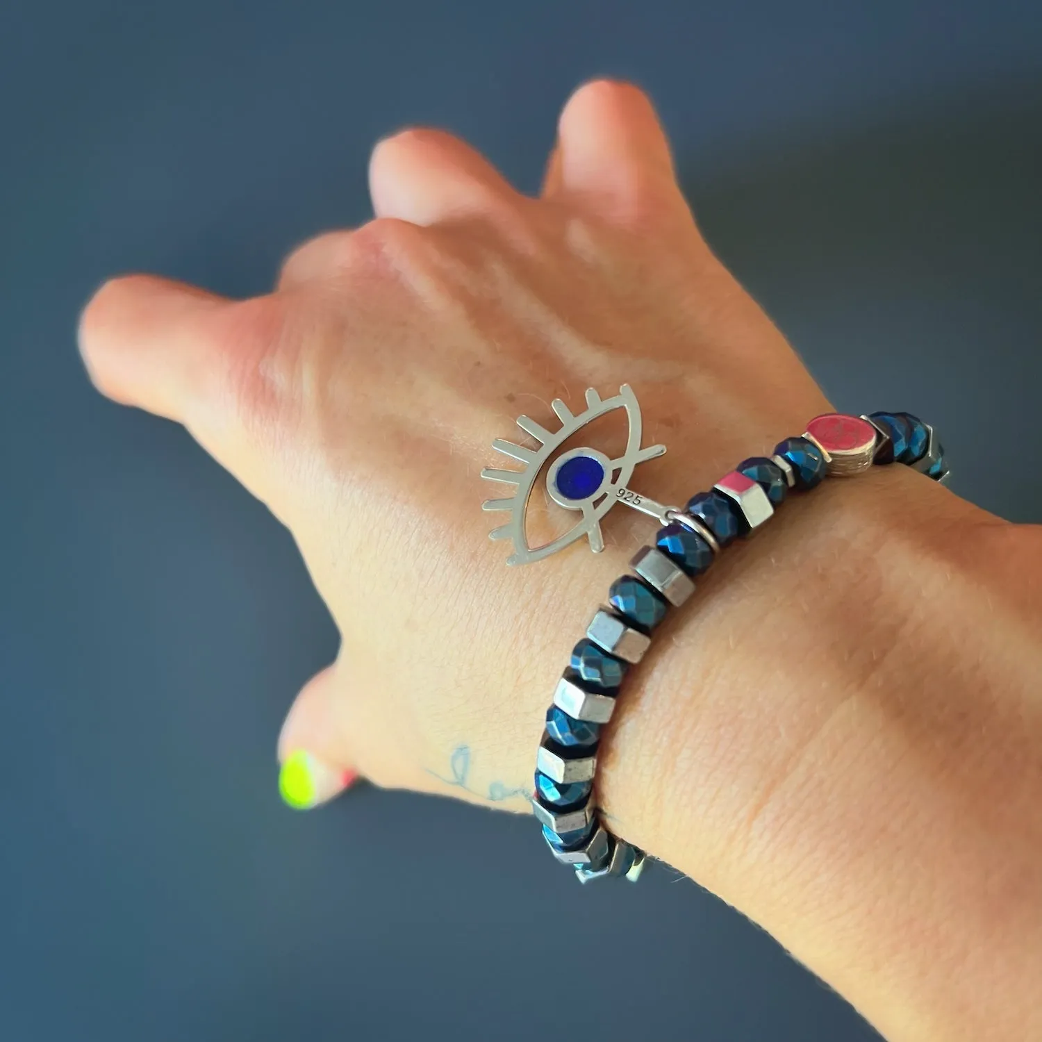 Sterling Silver Evil Eye Hematite Beaded Bracelet
