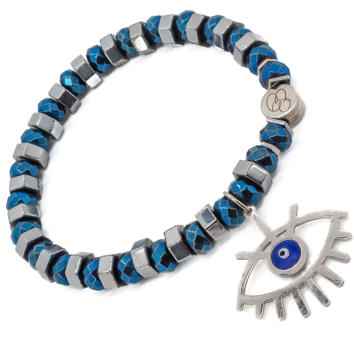 Sterling Silver Evil Eye Hematite Beaded Bracelet