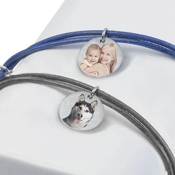 Sterling Silver Leather Rope Bracelet w/ Photo Engraved Charm Jewelry