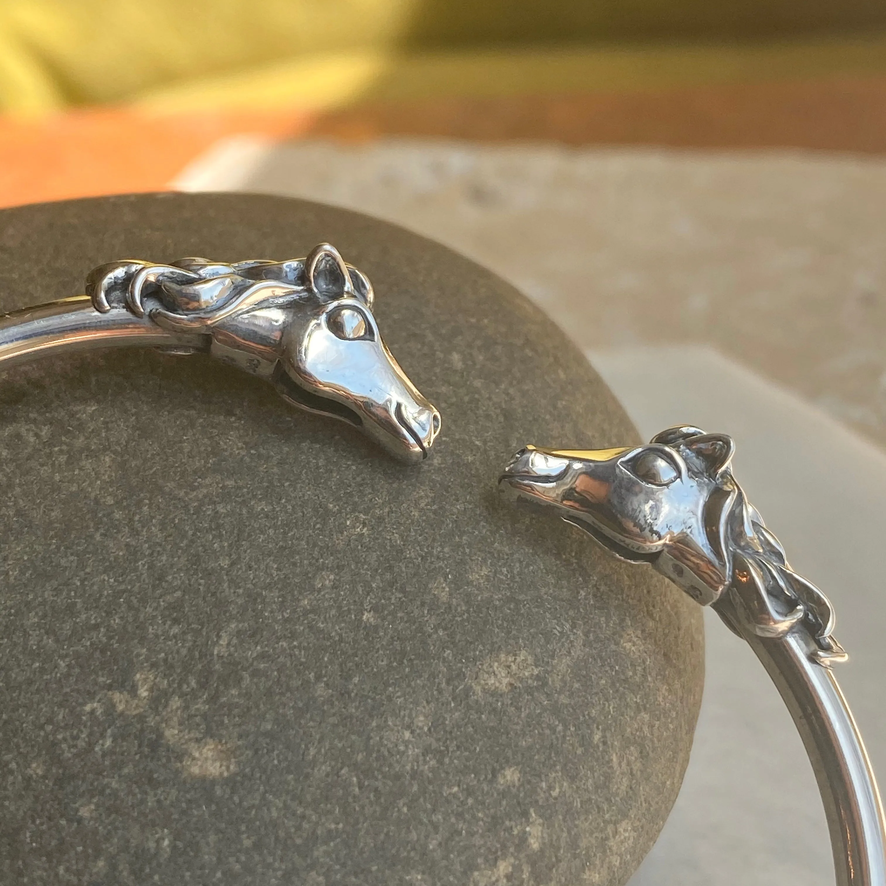 Sterling Silver Polished Double Horse Head Bangle Cuff Bracelet