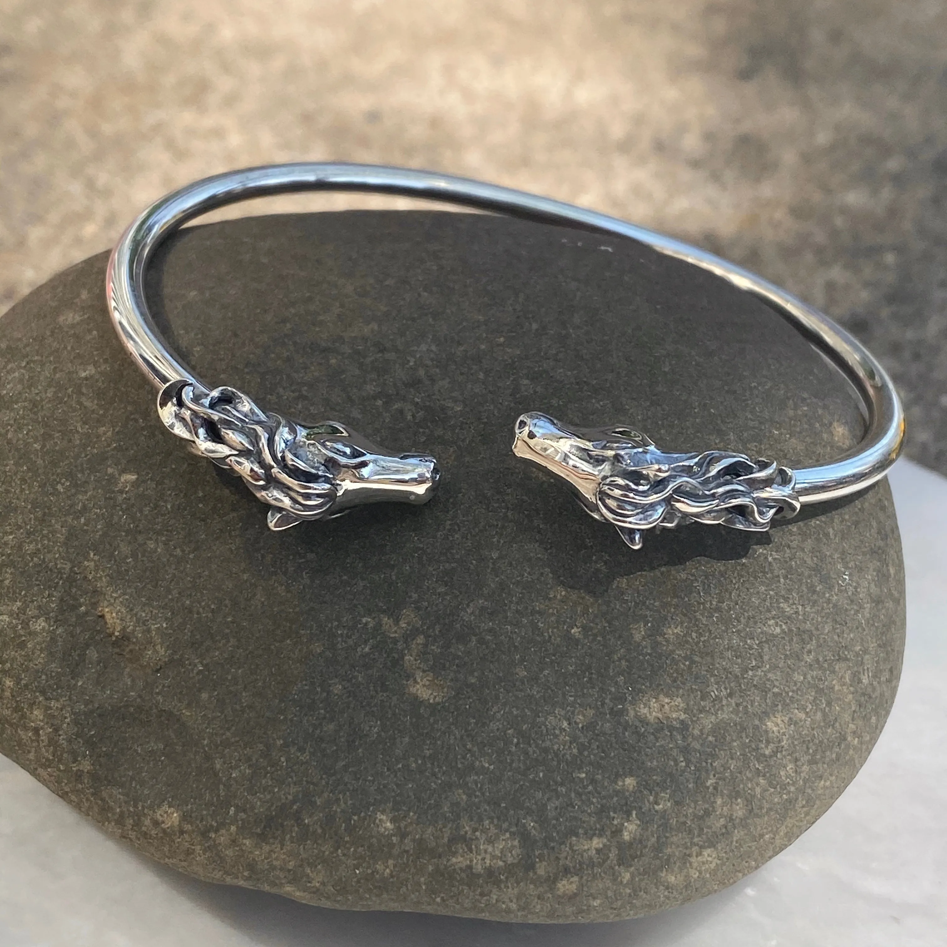 Sterling Silver Polished Double Horse Head Bangle Cuff Bracelet