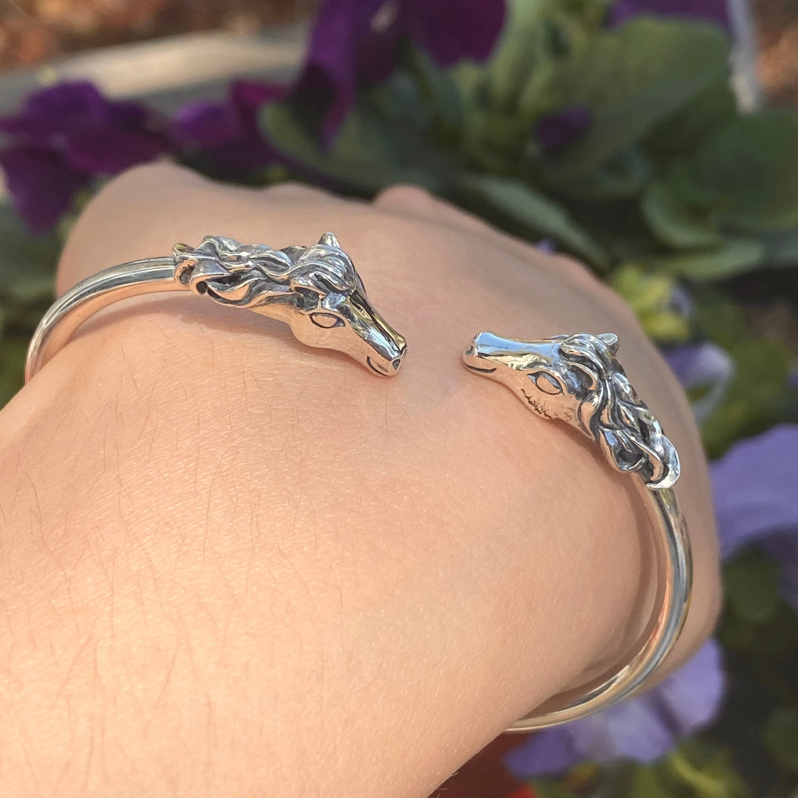 Sterling Silver Polished Double Horse Head Bangle Cuff Bracelet