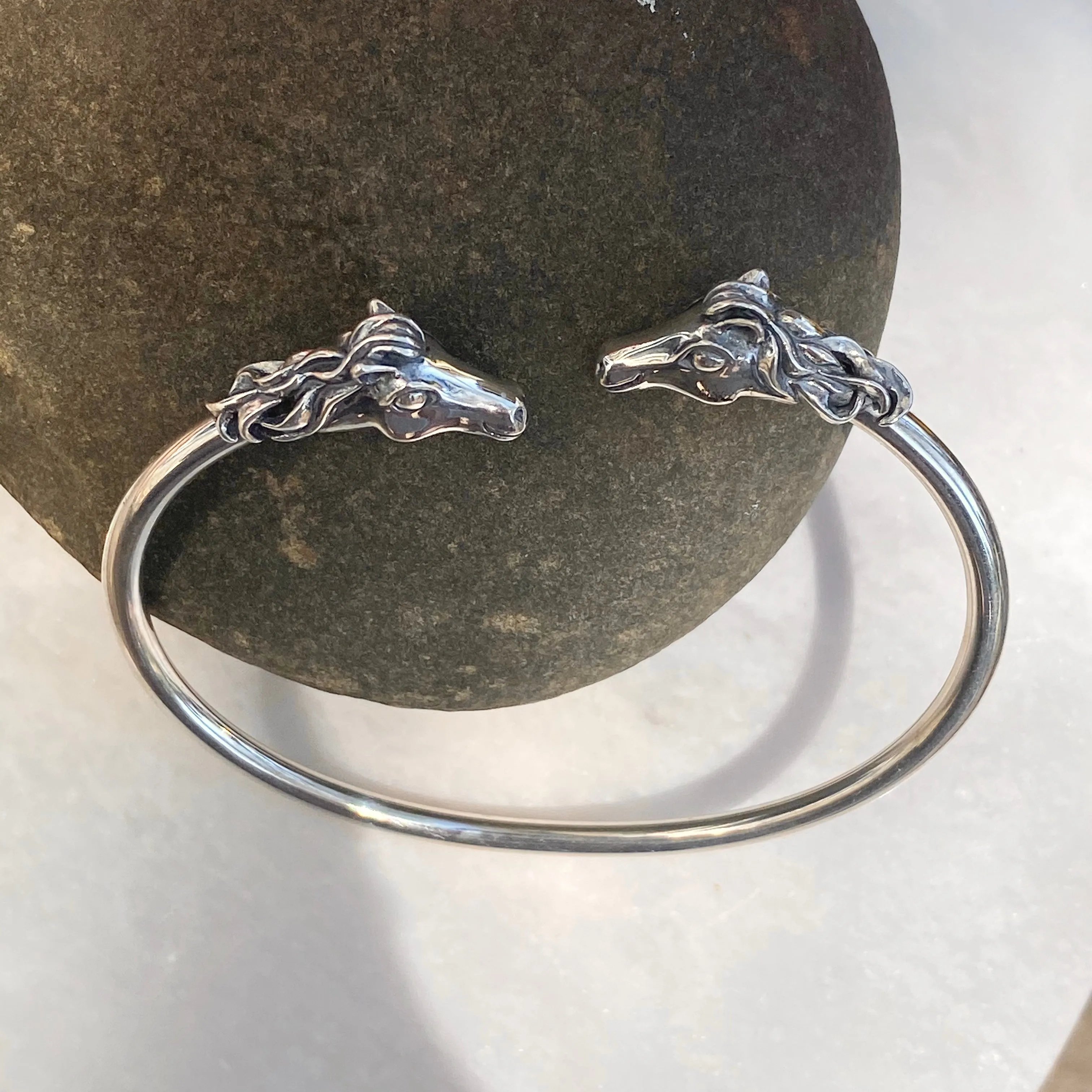 Sterling Silver Polished Double Horse Head Bangle Cuff Bracelet