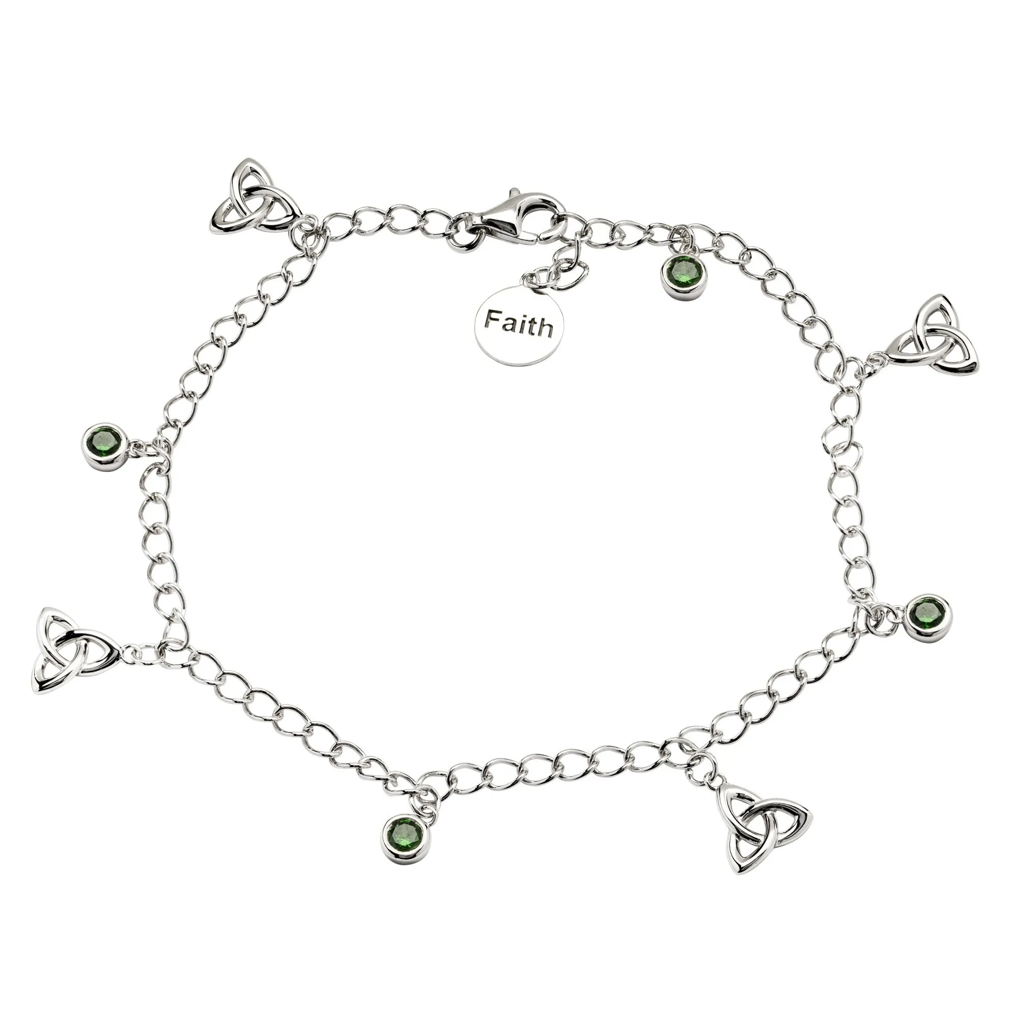 Sterling Silver "Faith" Trinity Knot Bracelet with Four Green CZ Stones SB2110