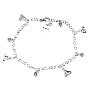 Sterling Silver "Faith" Trinity Knot Bracelet with Four Green CZ Stones SB2110