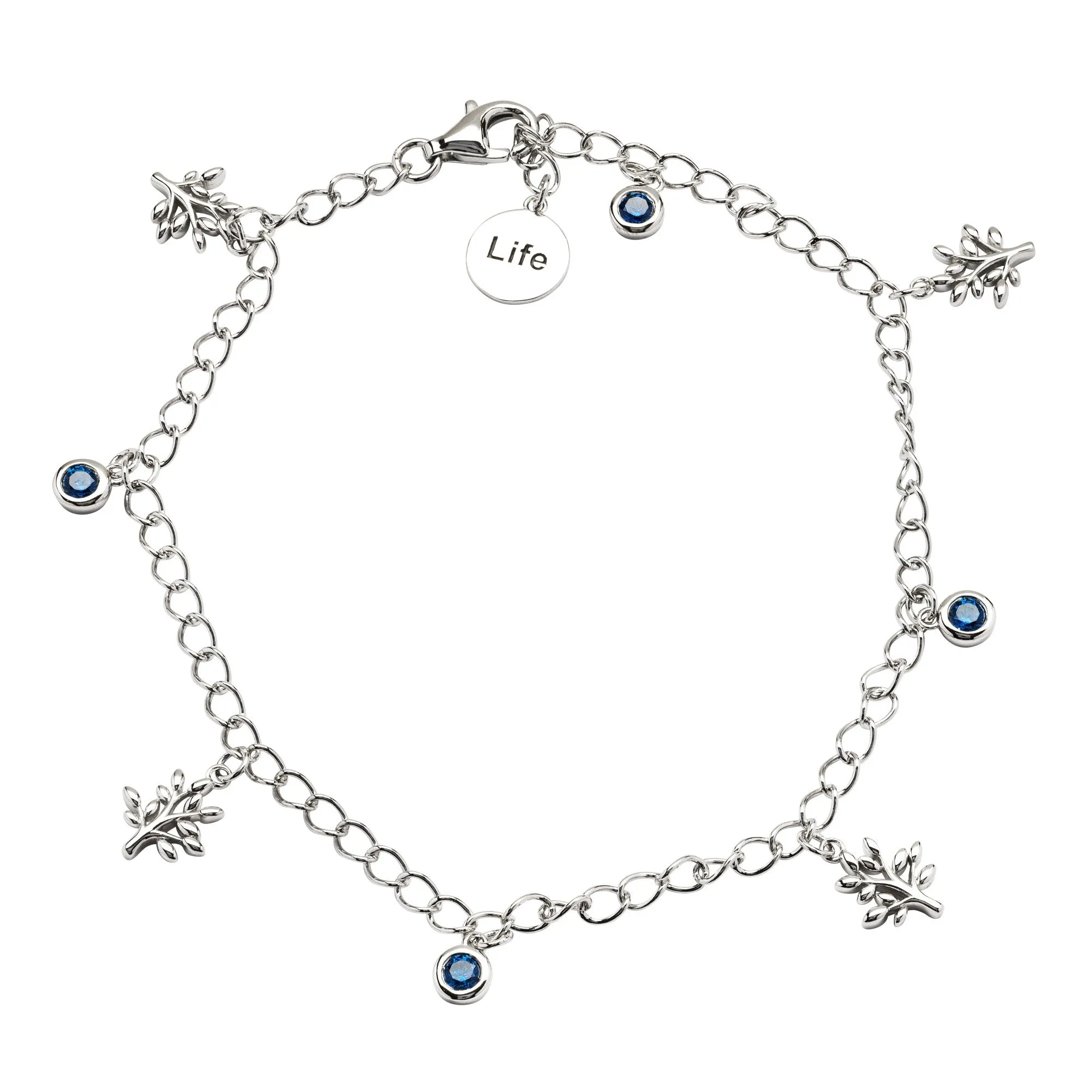 Sterling Silver "Life" Tree of Life Bracelet with Four Blue CZ Stones SB2112