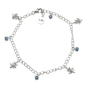 Sterling Silver "Life" Tree of Life Bracelet with Four Blue CZ Stones SB2112