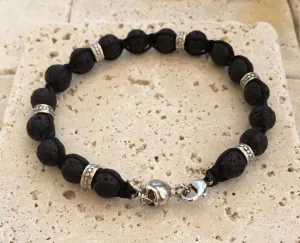 Sterling Silver Skull Bracelet Black Lava Beads & Rondels