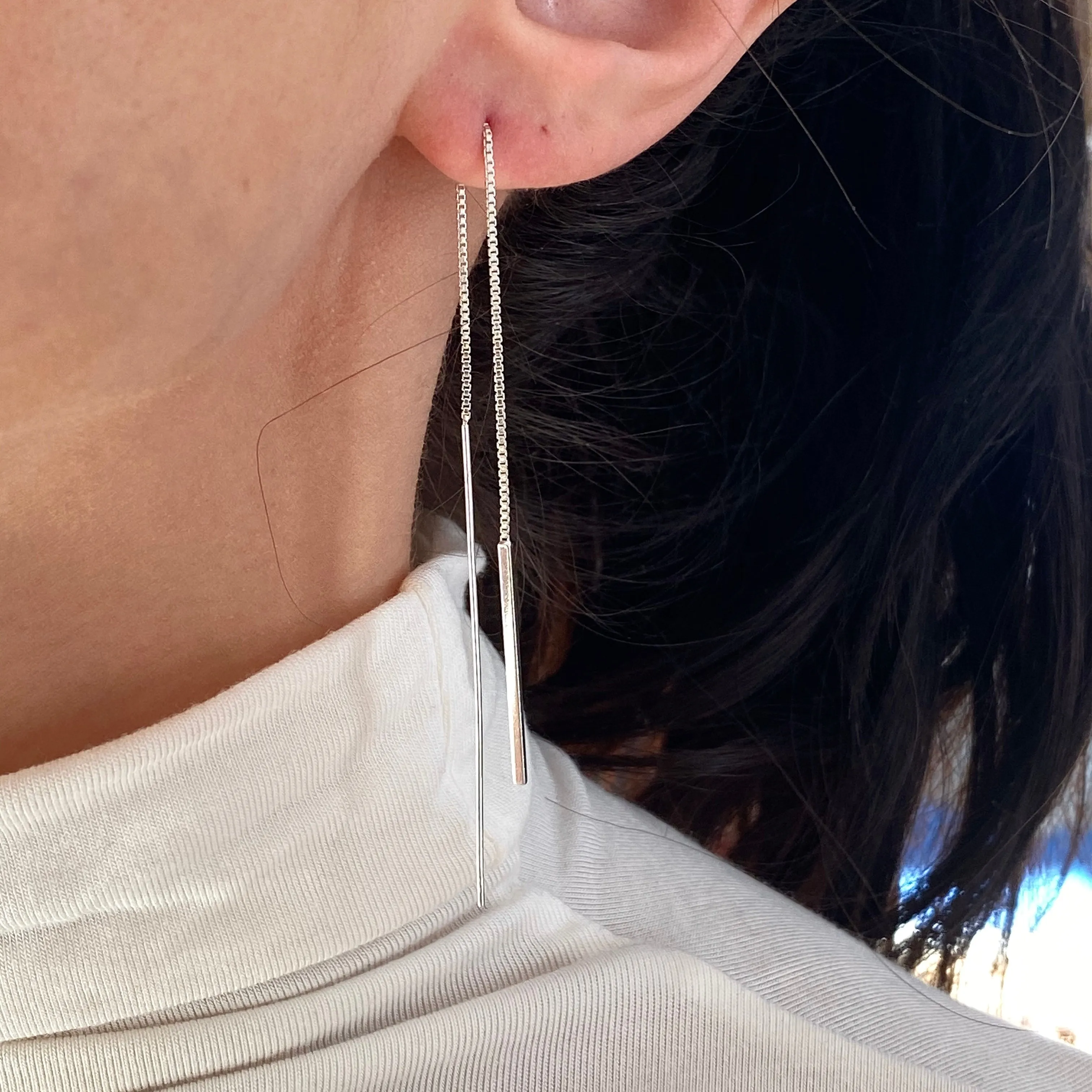 Sterling Silver Threader Box Chain Bar Ear Wire Earrings