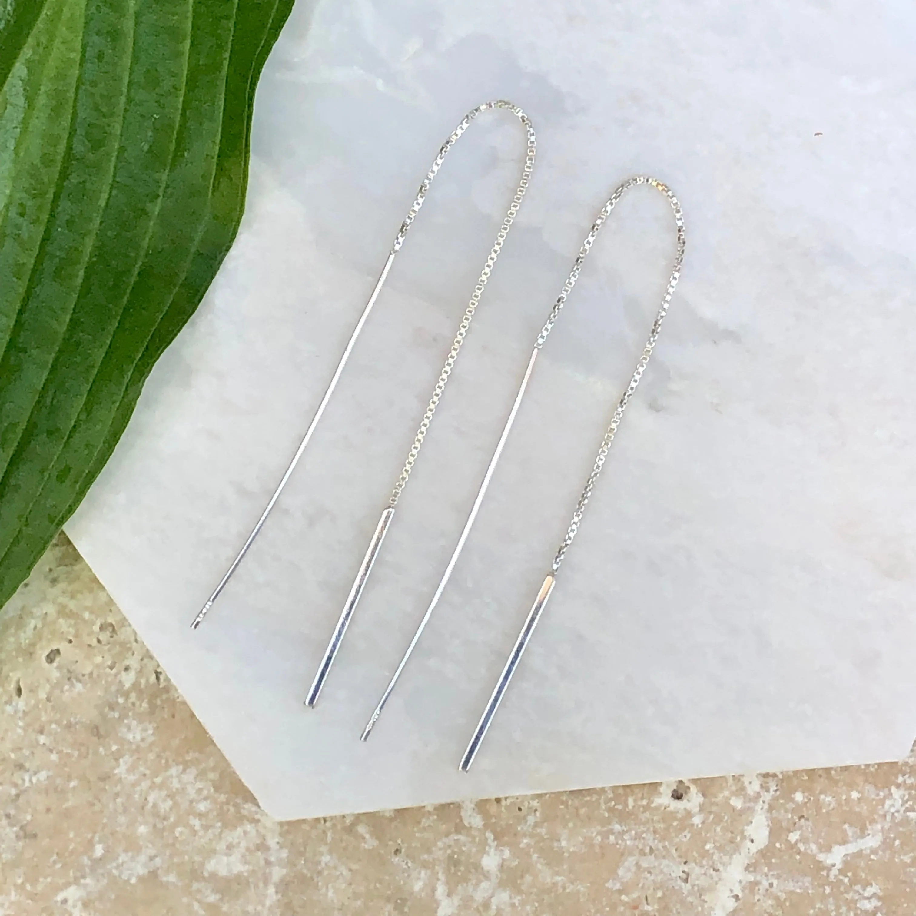 Sterling Silver Threader Box Chain Bar Ear Wire Earrings