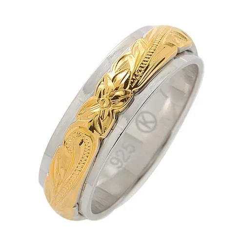 Sterling Silver Two-Tone Yellow Gold and Rhodium Plated Double Ring 6*4mm (Thick)