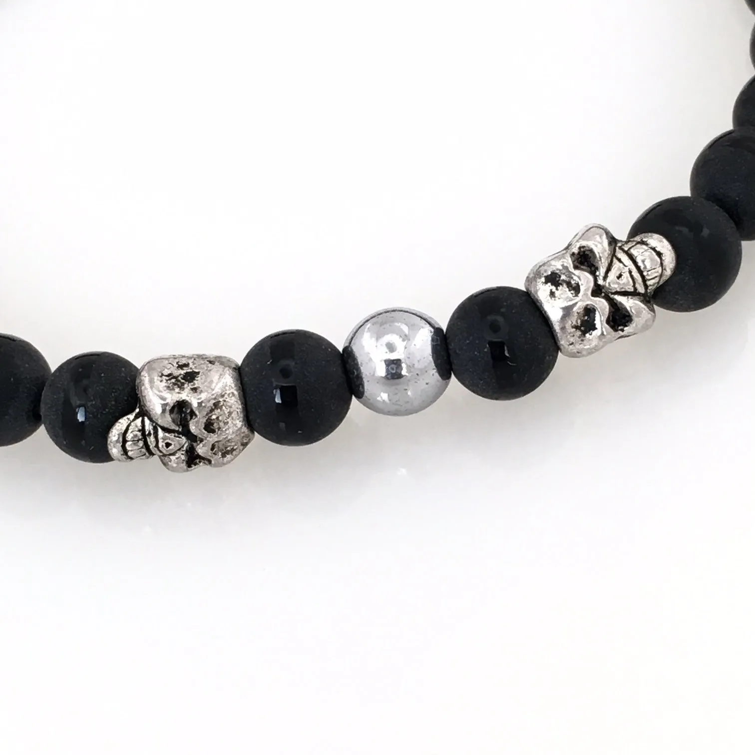 Striped Matte Onyx Skull Stretch Men's Bracelet