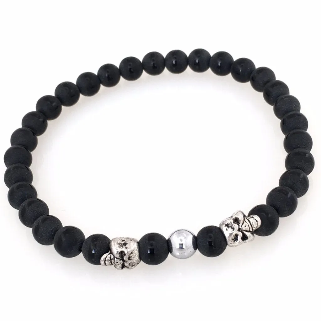 Striped Matte Onyx Skull Stretch Men's Bracelet