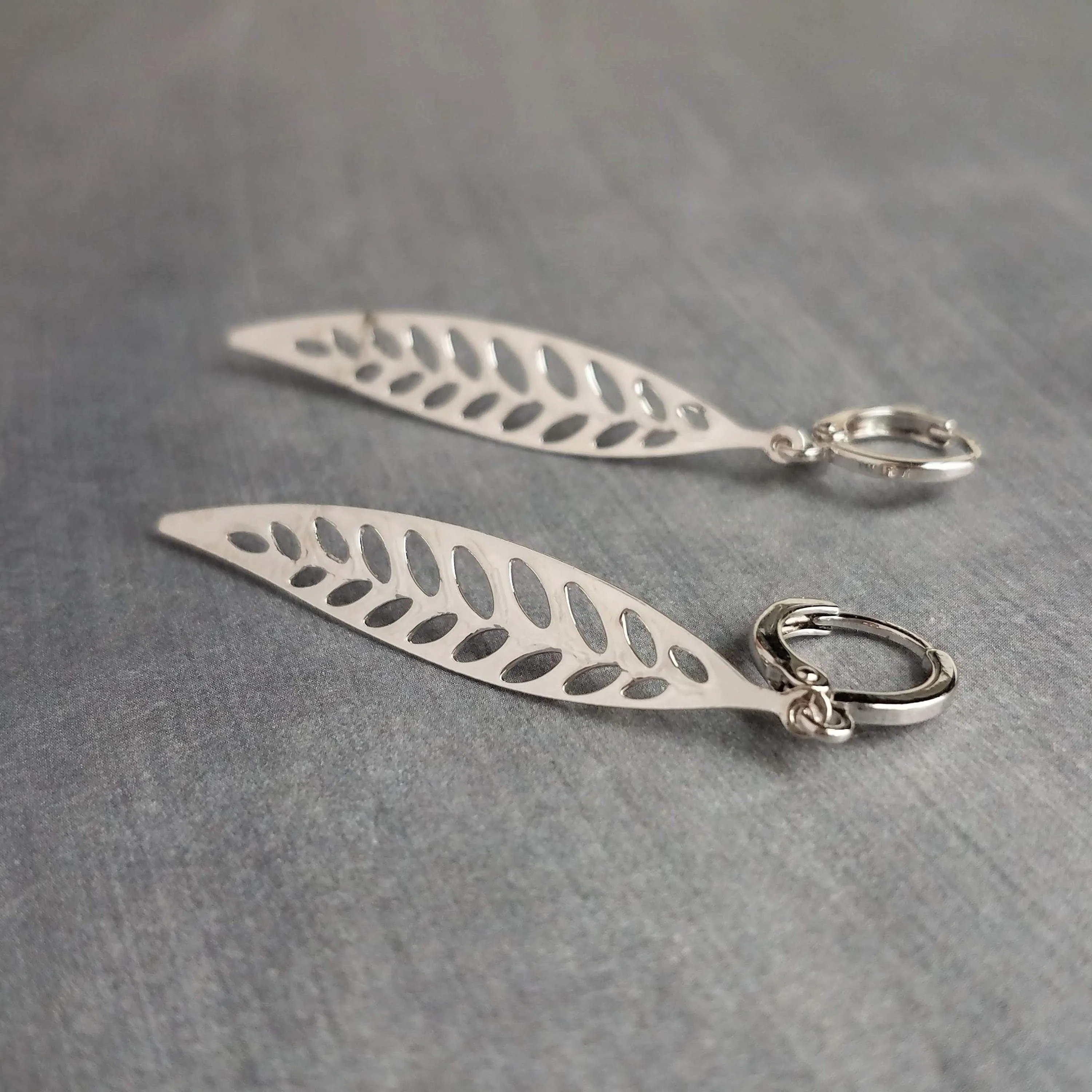 Thin Silver Leaf Earrings, long narrow leaf earrings, filigree leaves earring, long silver leaf earring, cut out leaf earring, huggie hoops