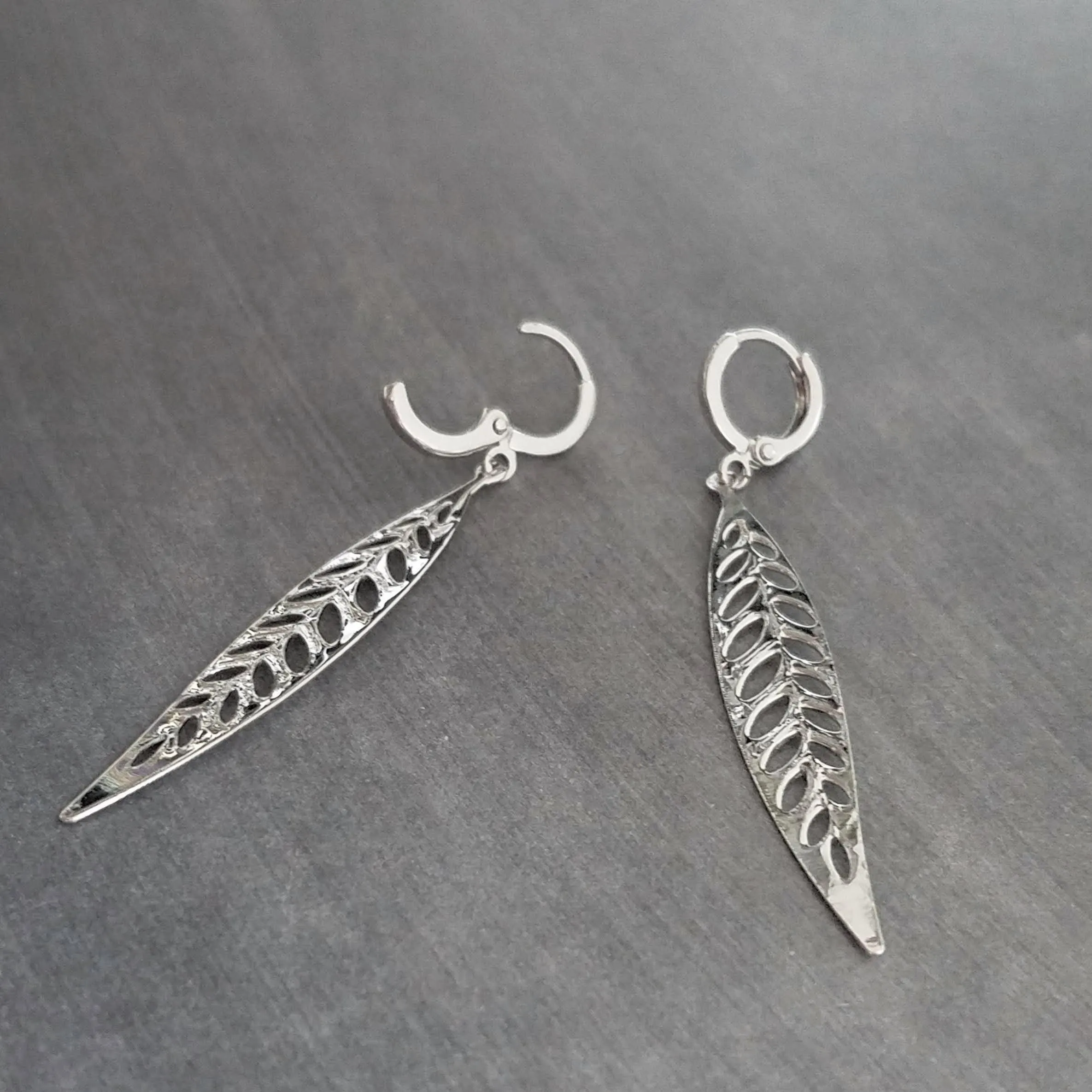 Thin Silver Leaf Earrings, long narrow leaf earrings, filigree leaves earring, long silver leaf earring, cut out leaf earring, huggie hoops
