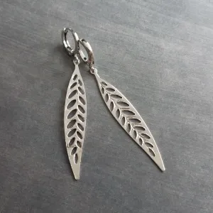 Thin Silver Leaf Earrings, long narrow leaf earrings, filigree leaves earring, long silver leaf earring, cut out leaf earring, huggie hoops