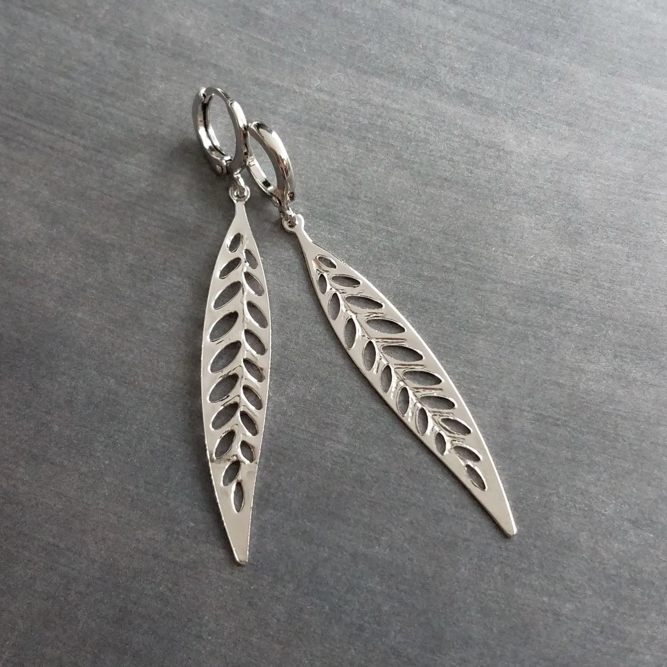 Thin Silver Leaf Earrings, long narrow leaf earrings, filigree leaves earring, long silver leaf earring, cut out leaf earring, huggie hoops