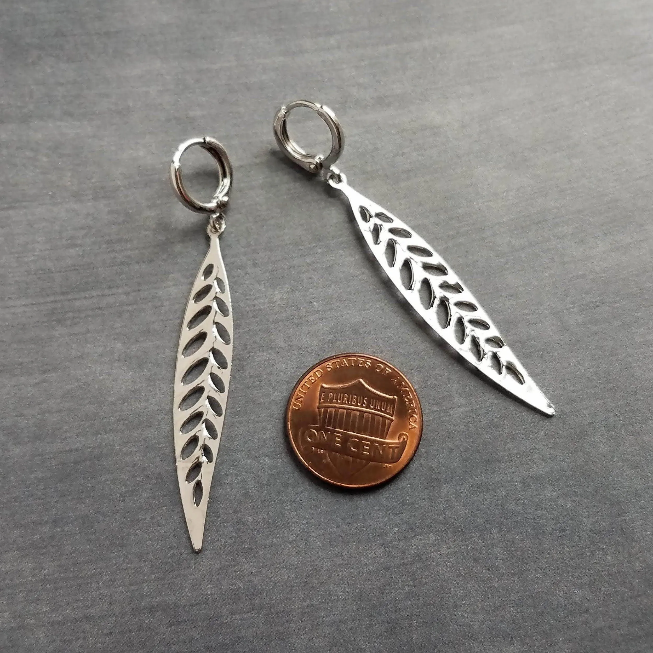Thin Silver Leaf Earrings, long narrow leaf earrings, filigree leaves earring, long silver leaf earring, cut out leaf earring, huggie hoops