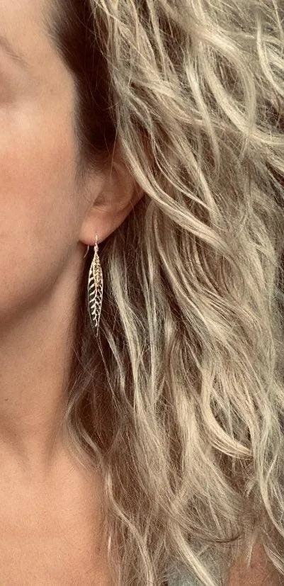 Thin Silver Leaf Earrings, long narrow leaf earrings, filigree leaves earring, long silver leaf earring, cut out leaf earring, huggie hoops