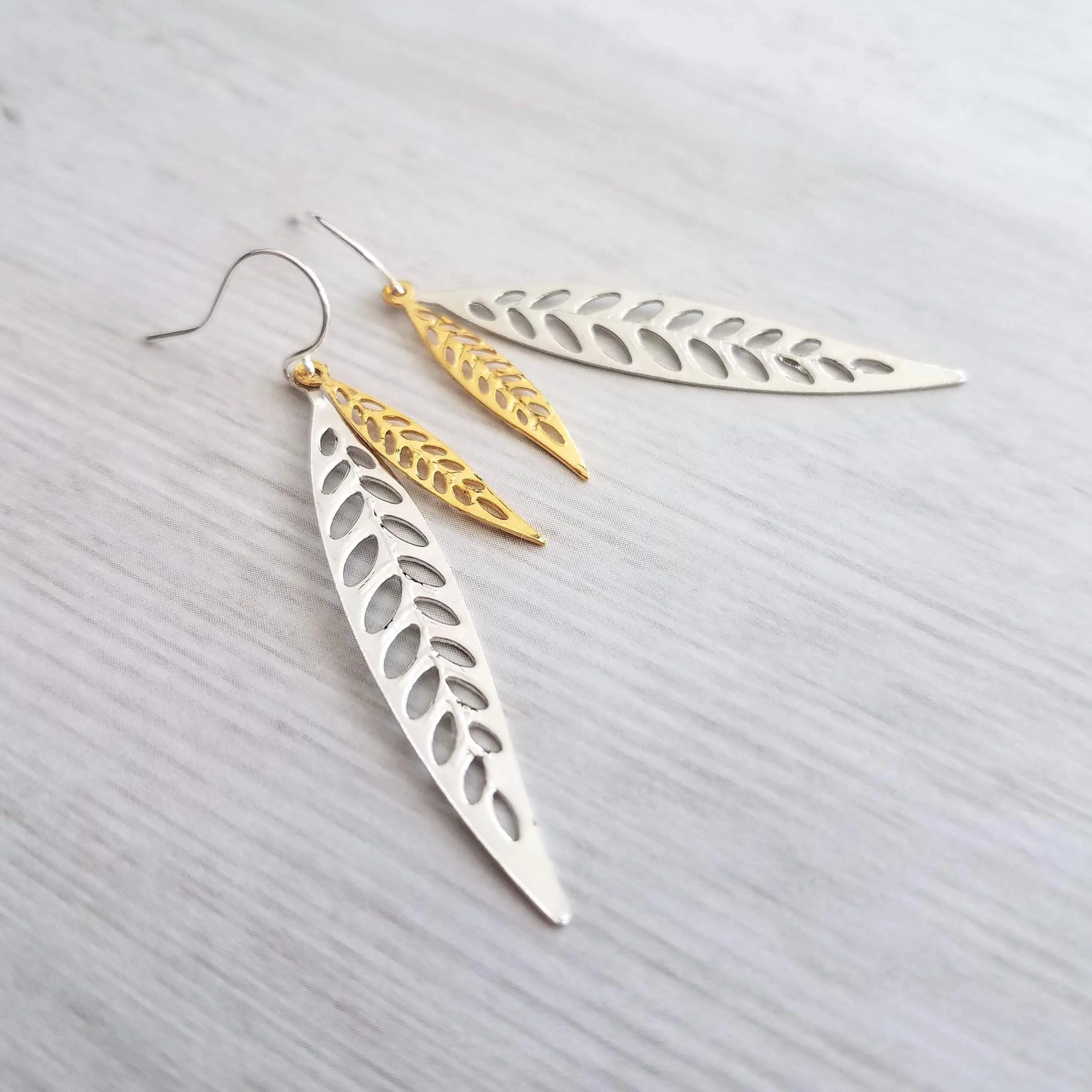 Thin Silver Leaf Earrings, long narrow leaf earrings, filigree leaves earring, long silver leaf earring, cut out leaf earring, huggie hoops