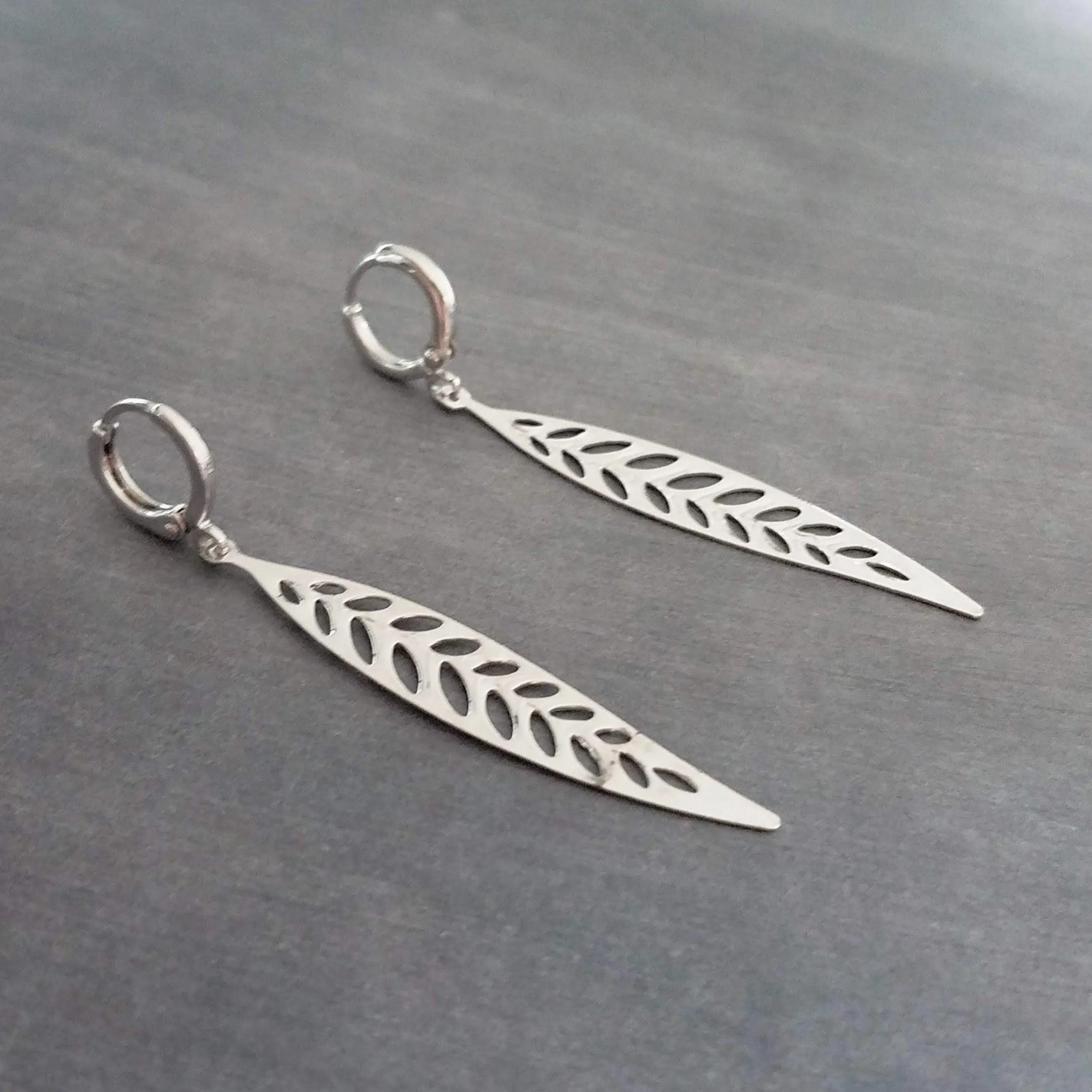 Thin Silver Leaf Earrings, long narrow leaf earrings, filigree leaves earring, long silver leaf earring, cut out leaf earring, huggie hoops