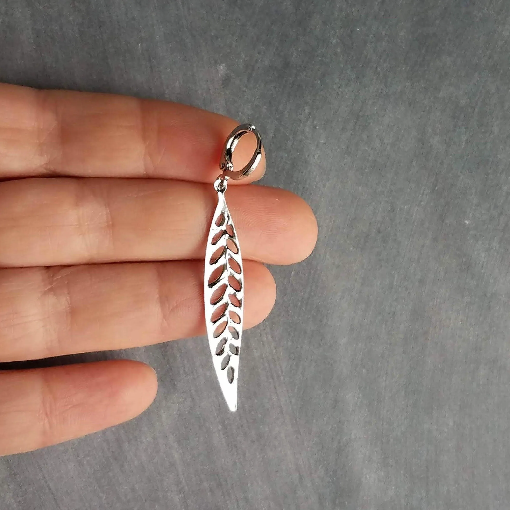 Thin Silver Leaf Earrings, long narrow leaf earrings, filigree leaves earring, long silver leaf earring, cut out leaf earring, huggie hoops