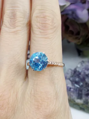 Topaz Ring, Rose Gold, Natural Swiss Blue Solitaire, Classic Jewelry #D37z