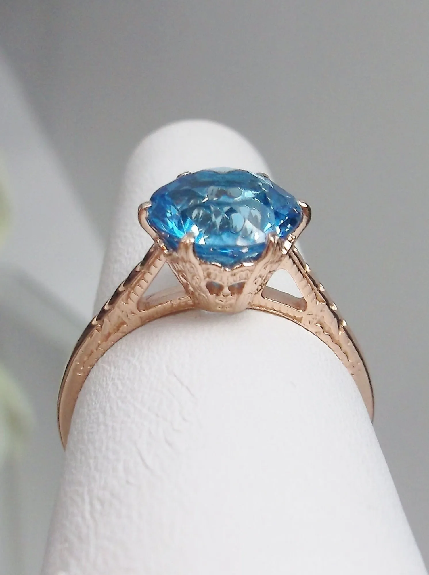 Topaz Ring, Rose Gold, Natural Swiss Blue Solitaire, Classic Jewelry #D37z
